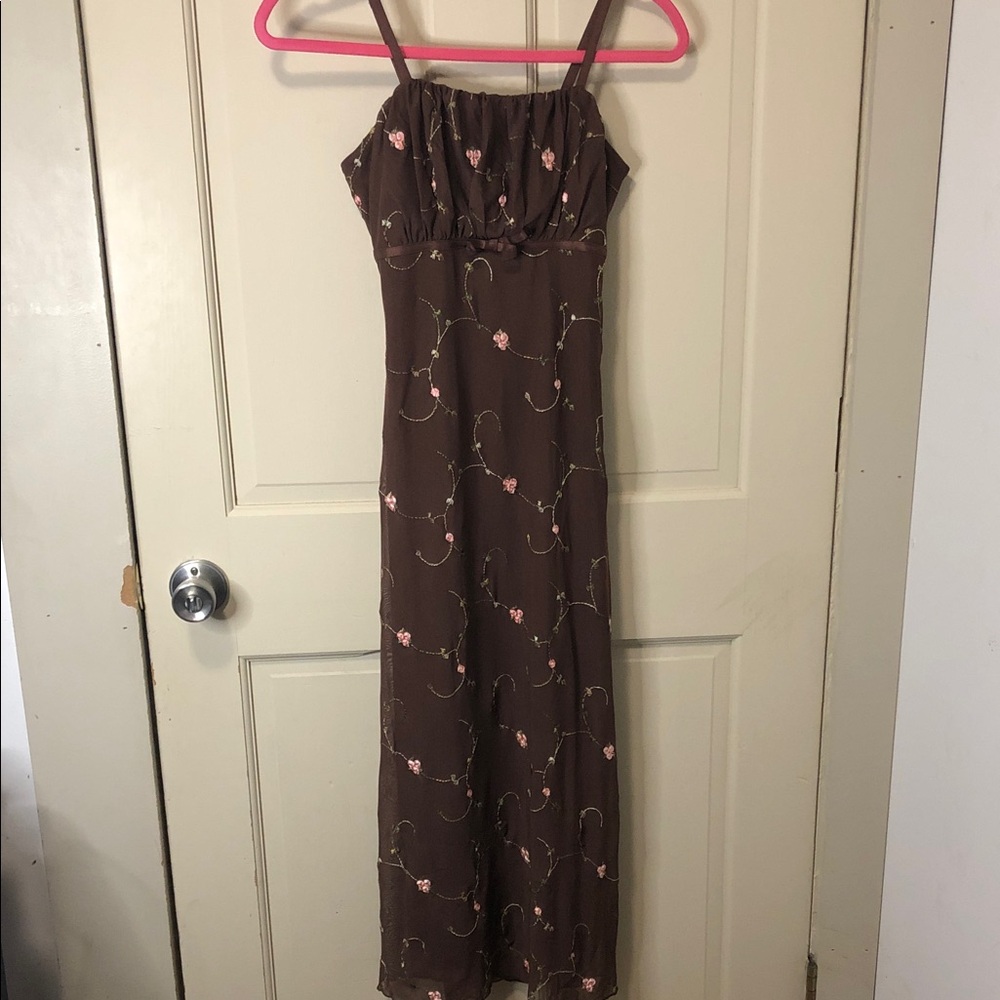 Brown Floral Maxi Dress with Spaghetti Straps, Empire Waist